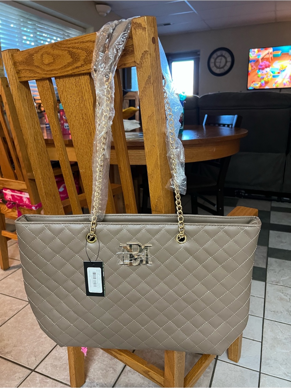 Badgley Mischka Quilted Tote in Taupe with Gold Hardware